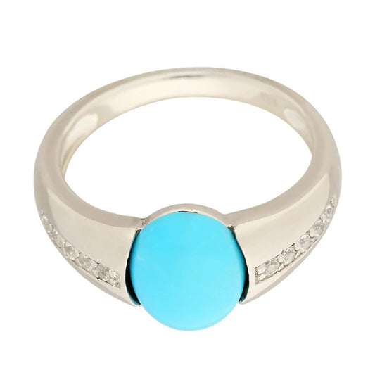 Sterling Silver 10x8mm Sleeping Beauty Turquoise & White Zircon Solitaire Ring