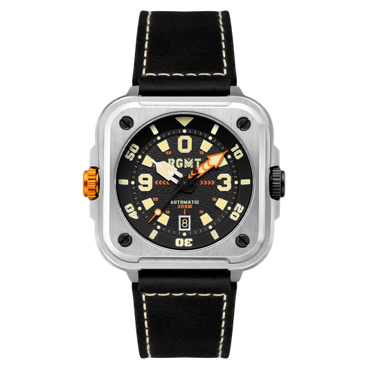 RGMT Men's 50mm Pershing Automatic Date Square Case Leather Strap Watch