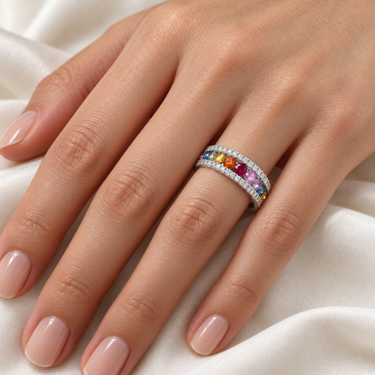 Luxury by Leonardo 14K Gold Rainbow Sapphire & Diamond Tapered Band Ring