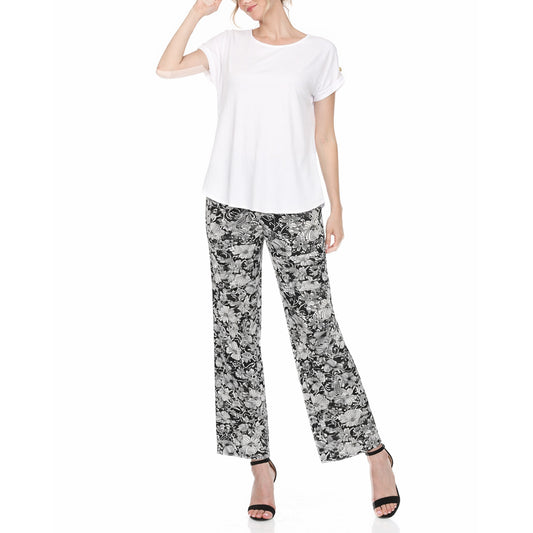 White Mark Women’s Folded Sleeve Top and Printed Pant Two-Piece Set