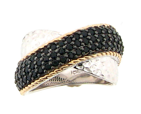 Belle Artique Sterling Silver Black Spinel Crossover Hammered Ring