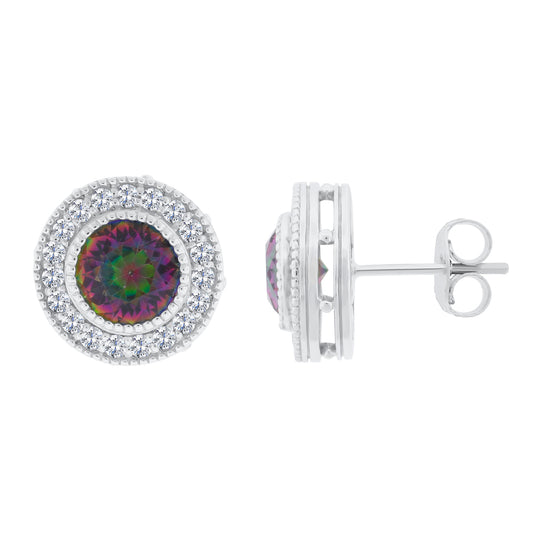 Belle Artique Sterling Silver Mystic Topaz Halo Stud Earrings