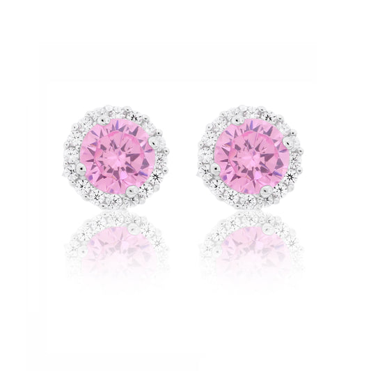 Brilliante Sterling Silver 6mm Round Pink Simulated Diamond Halo Stud Earrings