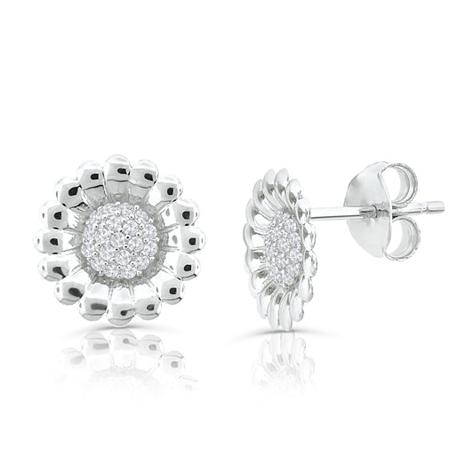 Brilliante Sterling Silver Simulated Diamond Pave Sunflower Stud Earrings