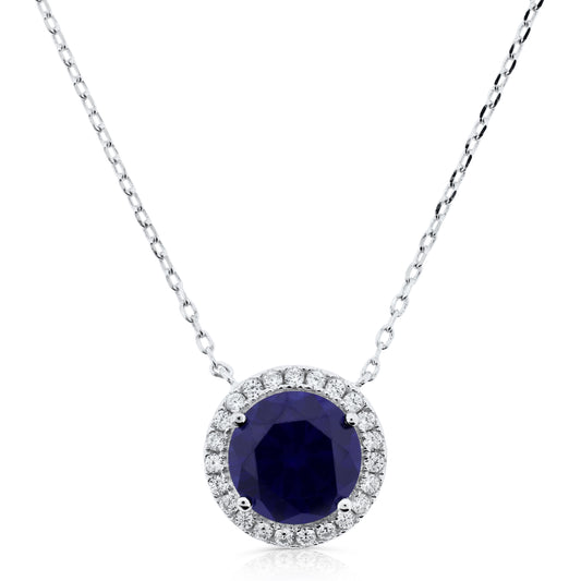 Brilliante Sterling Silver Simulated Sapphire Halo Solitaire Necklace