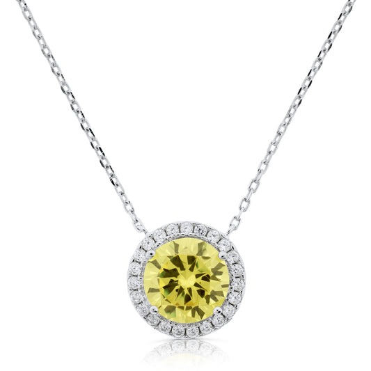 Brilliante Sterling Silver Simulated Canary Diamond Halo Solitaire Necklace