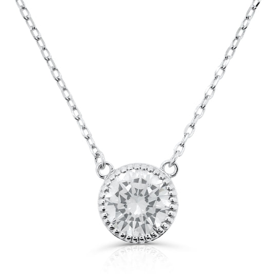 Brilliante Sterling Silver Simulated Diamond Milgrain Halo Solitaire Necklace