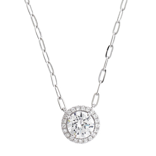 Brilliante Sterling Silver Choice of Cut Simulated Diamond Halo Necklace 16" Chain + 2" Extender