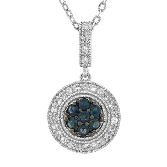 Belle Artique Sterling Silver Blue & White Sapphire Milgrain Detail Pendant with Chain