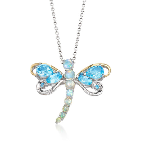 Belle Artique Sterling Silver Blue Topaz & Opal Dragonfly Pendant/Pin