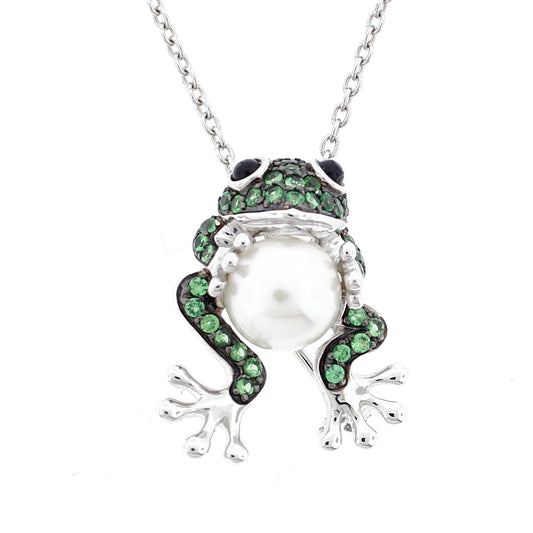 Belle Artique Sterling Silver Gemstone & Freshwater Pearl Frog Pin/Pendant with Chain