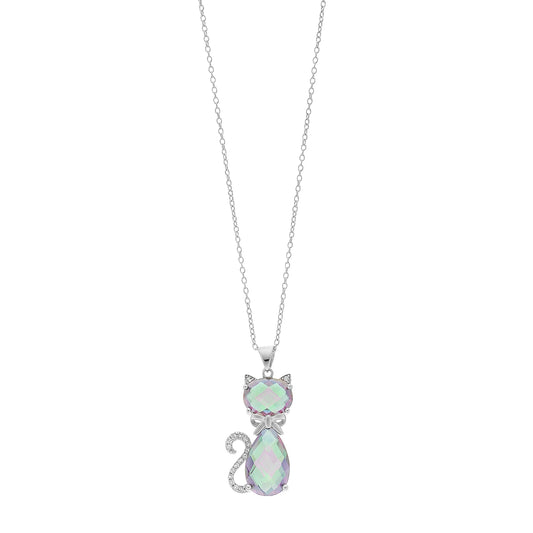 Belle Artique Sterling Silver Mystic & White Topaz Cat Pendant with Chain