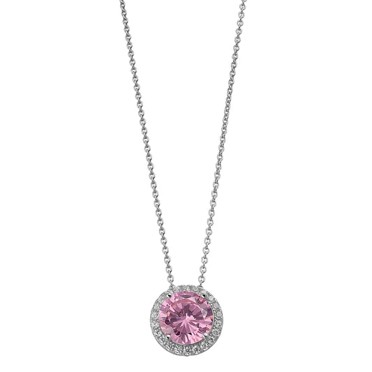 Brilliante Sterling Silver 10mm Round Pink Simulated Diamond Halo Pendant with Chain