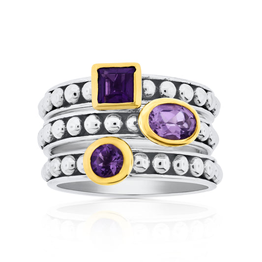 Belle Artique Sterling Silver Amethyst Multi-Shape Triple Row Beaded Ring
