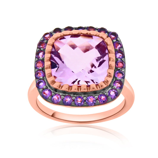 Belle Artique Rose Gold Plated 12mm Pink Amethyst Briolette & Amethyst Halo Ring