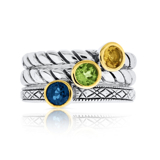 Belle Artique Sterling Silver Multi Gemstone Textured Triple Row Ring