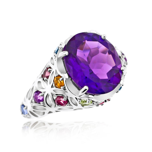 Belle Artique Sterling Silver 12x10mm Amethyst & Multi Gem Woven Ring