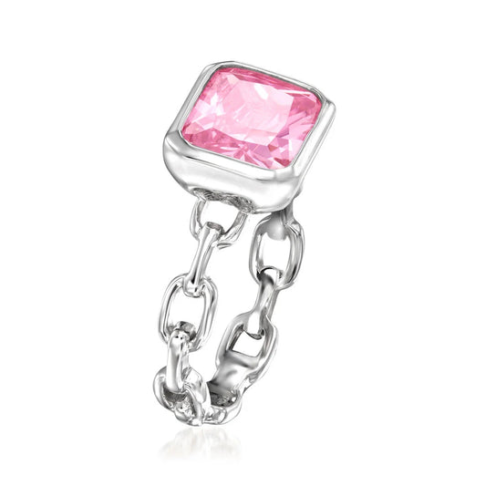 Brilliante Sterling Silver 10x8mm Octagon Pink Simulated Diamond Paperclip Ring