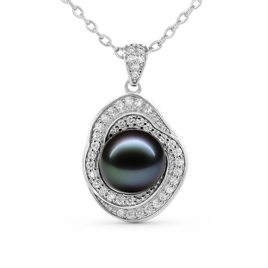 TRYNDI Rhodium Plated 11-12mm Tahitian Black Pearl Swarovski Crystal Circle Necklace