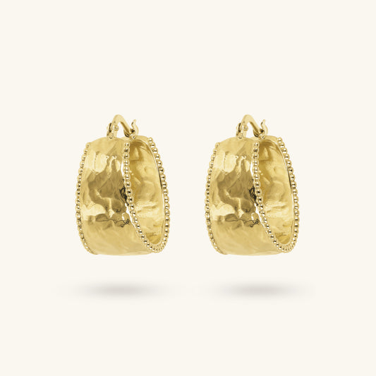 Toscana Italiana 18K Gold Plated Hammered Etruscan Beaded Edge Hoop Earrings