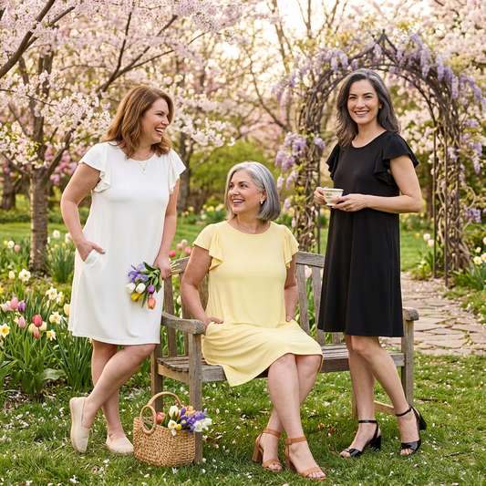 Three women in dresses standing in a garden with cherry blossoms and other flowers.