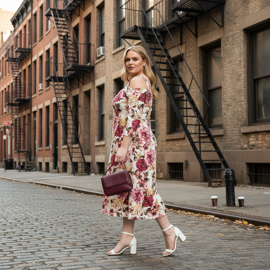 Woman in a floral dress walking down a city street with brick buildings.