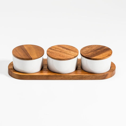 Modern Home & Kitchen Set of 3 Ceramic Bowls with Acacia Wood Lids and Base