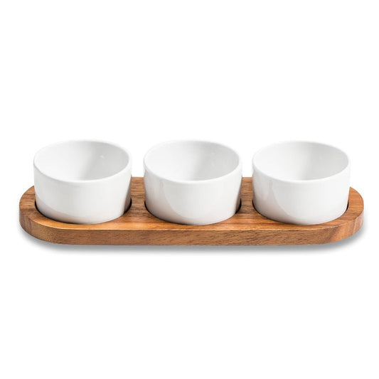 Modern Home & Kitchen Set of 3 Ceramic Bowls with Acacia Wood Lids and Base