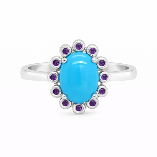 Sterling Silver 8x6mm Sleeping Beauty Turq Bezel-Set Gemstone Halo Ring