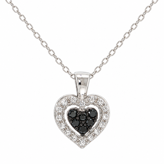 Sterling Silver 0.10ctw Black & White Diamond Heart Pendant with Chain