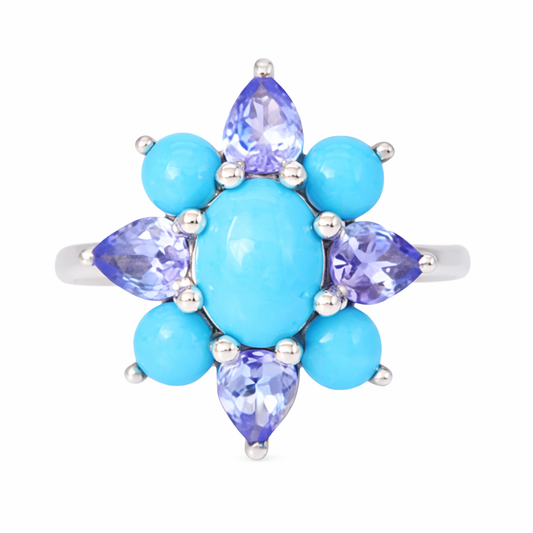 Sterling Silver Sleeping Beauty Turq & Tanzanite Flower Ring
