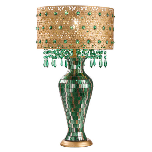 Tiffany-Style Lighting 25" Jeweled Gold Drum Shade Urn Table Lamp