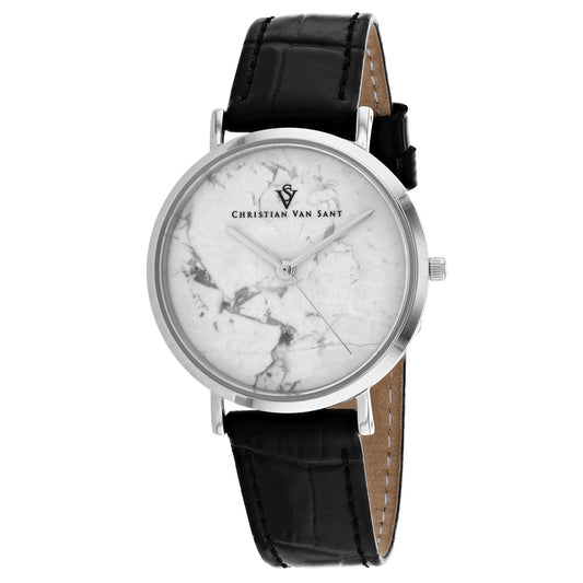 Christian Van Sant Women's 34mm Lotus Quartz Black Leather Strap Watch
