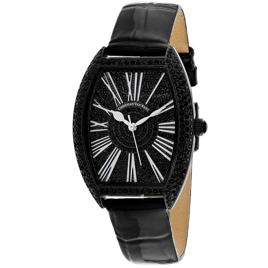 Christain Van Sant Women's 36mm Chic Quartz Black Crystal Pave Leather Strap Watch