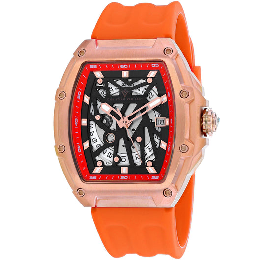 Christian Van Sant Men's 50mm Odyssey Automatic Date Skeletonized Dial Rubber Strap Watch