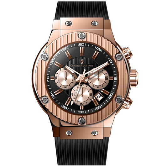 Christian Van Sant Men's 46mm Monarchy Quartz Chronograph Black Rubber Strap Watch