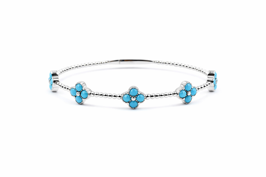 Sterling Silver 3mm Round Sleeping Beauty Turq Cluster Beaded Bangle Bracelet