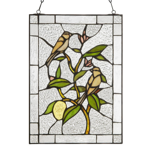 Tiffany-Style Lighting 14"H Birds in a Lemon Tree Stained Glass Decorative Window Panel
