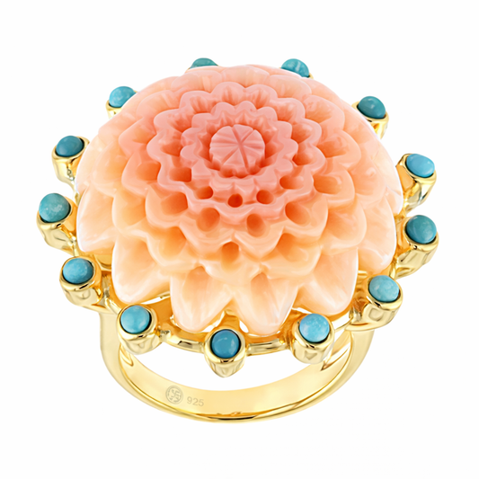 Gold Plated Pink Conch Shell Flower & Sleeping Beauty Turq Statement Ring