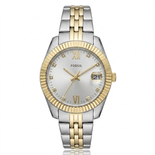Fossil Women's Scarlette 32mm Quartz Date Crystal Accented Two-Tone Bracelet Watch
