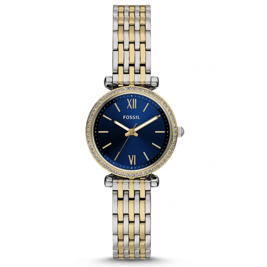 Fossil Women's Carlie 28mm Quartz Jewel Tone Crystal Bezel Two-Tone Bracelet Watch