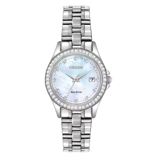 Citizen Women's 28mm Silhouette Quartz MOP Dial Crystal Bezel Bracelet Watch - EW1841-66D