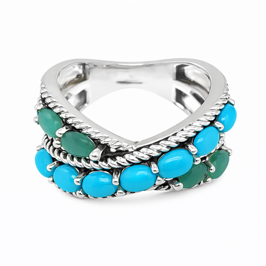 Sterling Silver Sleeping Beauty Turquoise & Sakota Emerald Crossover Ring