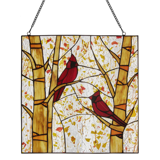 Tiffany-Style Lighting 14" Eden Red Cardinals in Autumn Stained Glass Window Panel