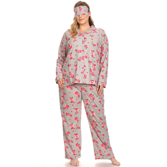 White Mark Women's 3-Piece Rose Pajama Set