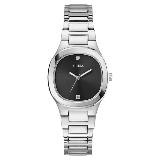 Guess Women's 32mm Eve Quartz Black Dial Square Case Silvertone Bracelet Watch