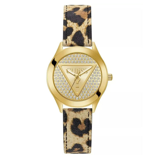 Guess Women's 34mm Glitz Plaque Quartz Crystal Pave Leopard Print Leather Strap Watch