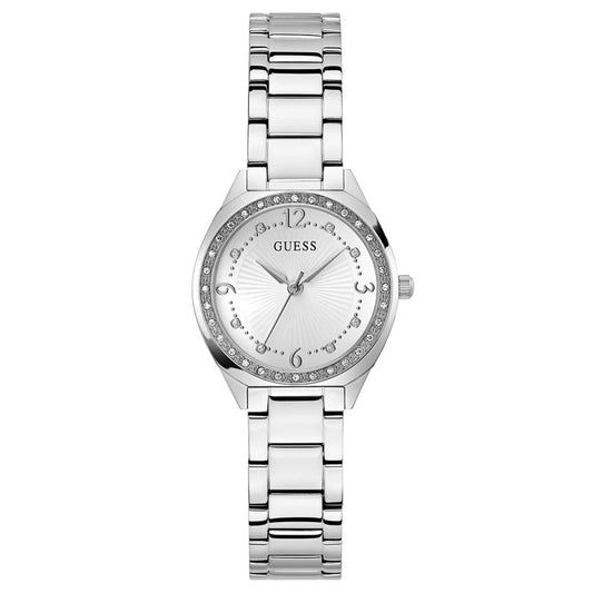 Guess Women's 30mm Charlotte Quartz Crystal Bezel Silvertone Bracelet Watch