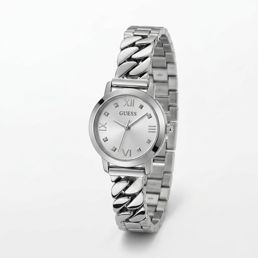 Guess Women's 25mm Chime Quartz Silvertone Curb Link Bracelet Watch