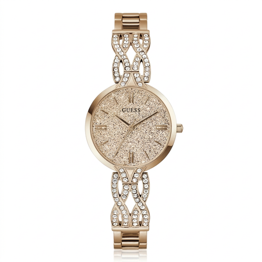 Guess Women's 32mm Coral Quartz Crystal Accented Glitter Dial Bracelet Watch